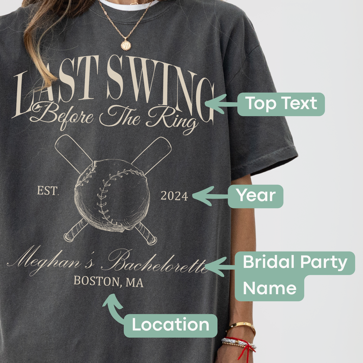Moss green premium cotton t-shirt featuring 'Last Swing Party' design for bachelorette celebrations by Relatee.