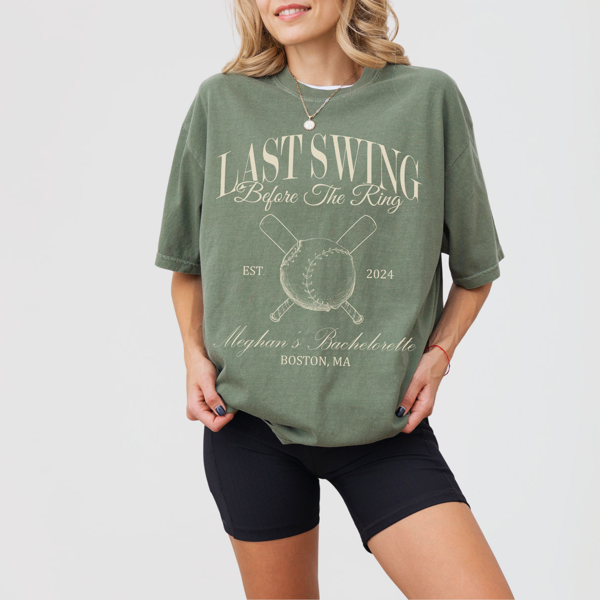 Moss green premium cotton bachelorette t-shirt featuring 'Last Swing Party' design, available in sizes S, M, L from Relatee.