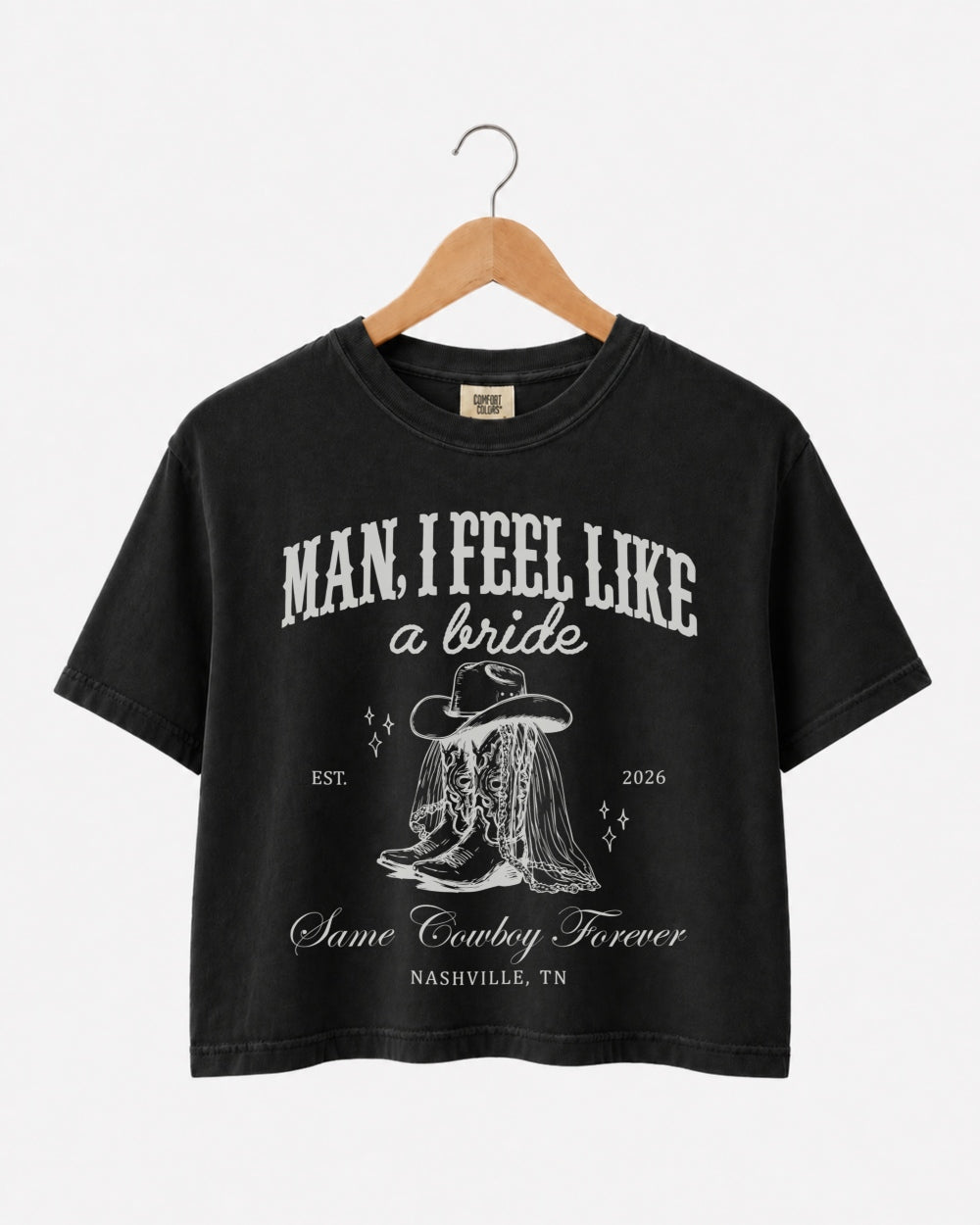 Matching crop tops for the last rodeo bachelorette crew, Nashville western theme with vintage script and cowboy boot art. Personalized with bride name, date, and destination city.