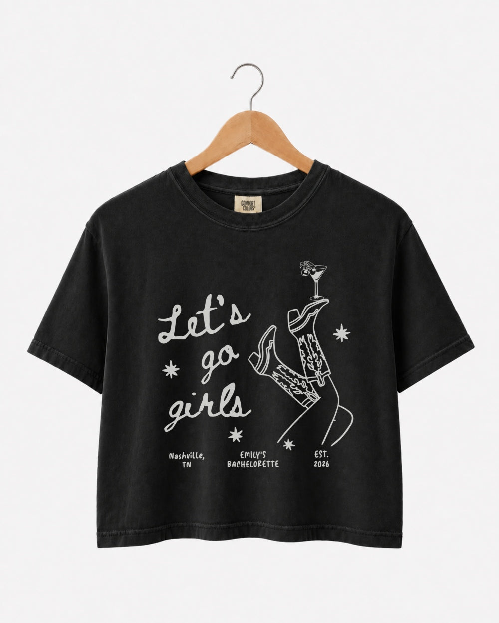Matching crop tops for girls night out with vintage boots and martini illustration. Let's Go Girls script tee for bachelorette parties, girls trips, and birthday nights out.