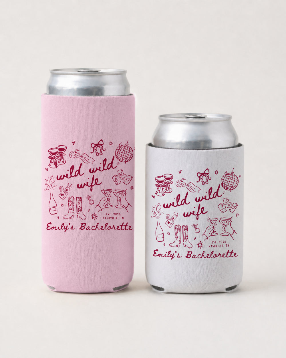 Bachelorette gift idea: Wild Wild Wife can cooler with whimsical line-art and script typography. Personalized with bride name for the whole camping or hiking weekend crew.