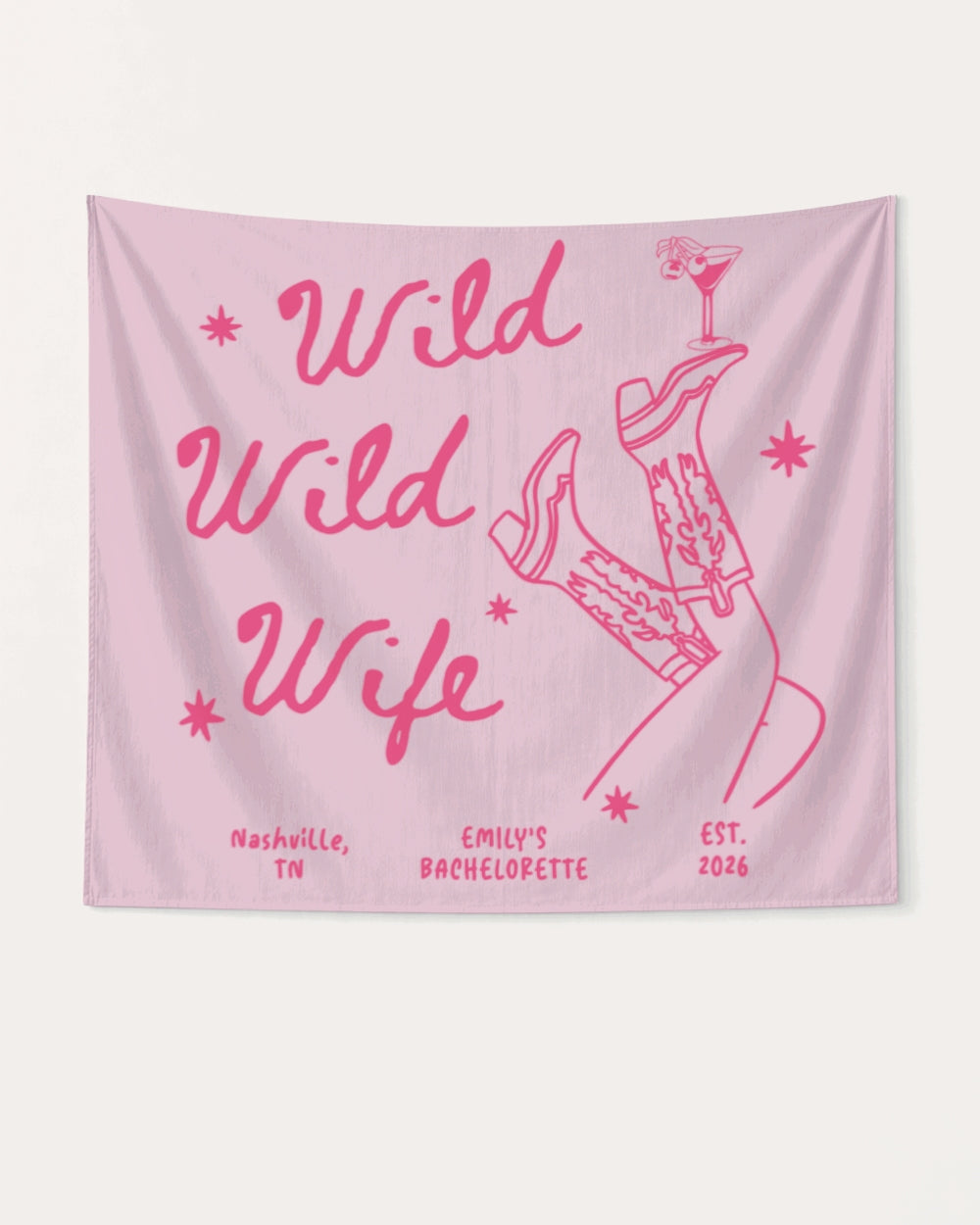 Playful line-art bachelorette party banner with script lettering and cowgirl martini illustration. Personalized with bride name, destination city, and year for the bachelorette weekend crew.