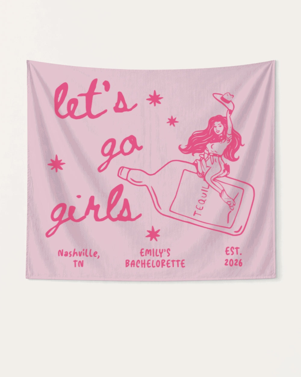 Cowgirl bachelorette bottle banner with vintage line-art script for Nashville or any destination weekend. Personalized with bride name, year, and city for the whole party.