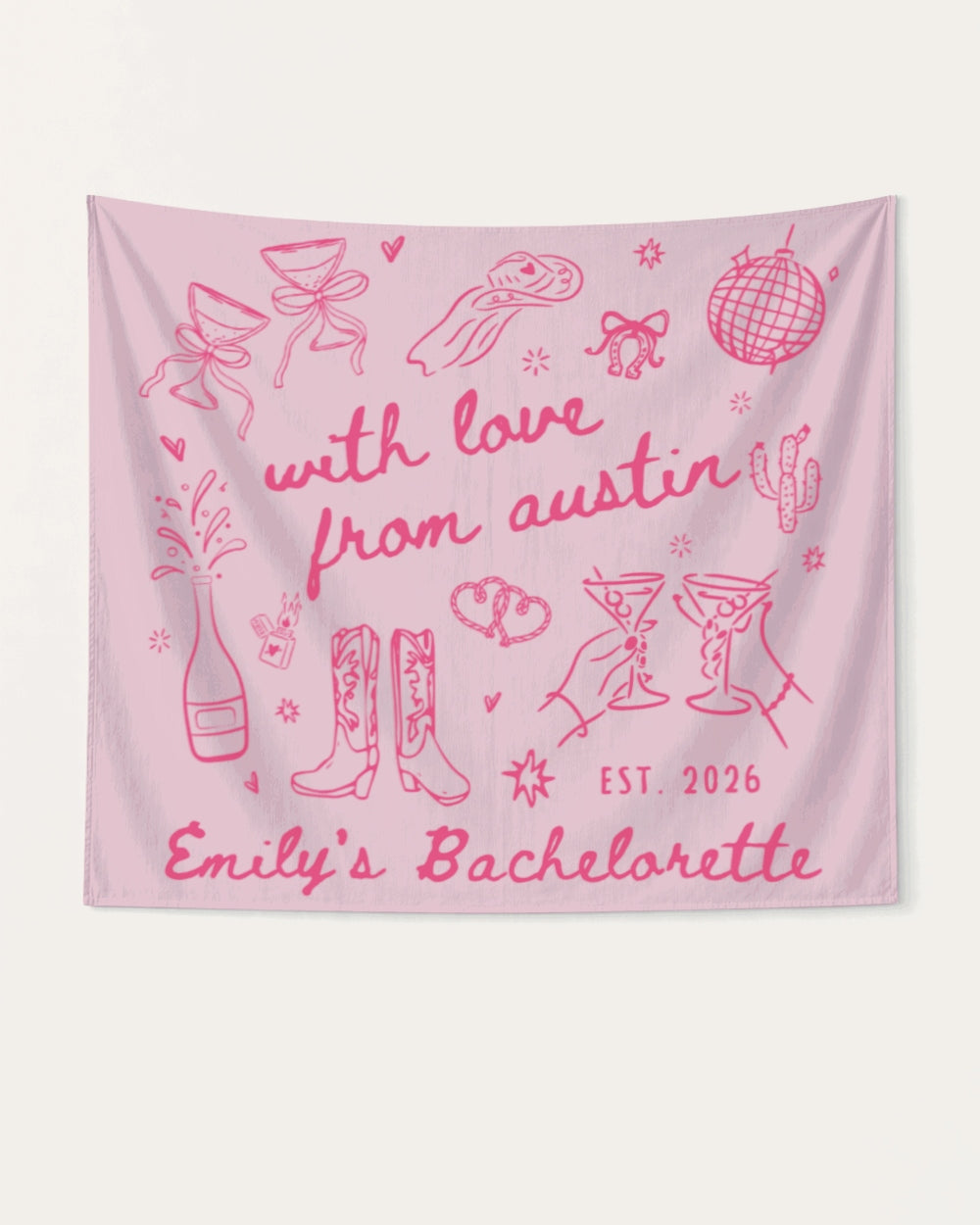 Matching bachelorette party banner with whimsical doodle art and script lettering. Personalized with bride name, destination city, and EST year for the whole crew.