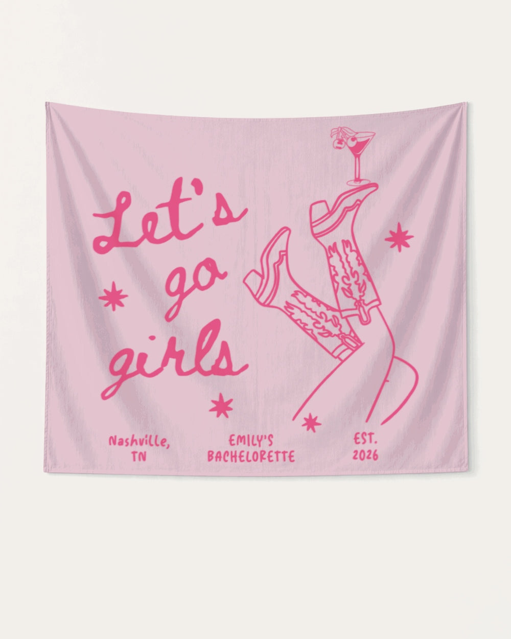 Matching bachelorette party banner with vintage boots and martini illustration, personalized with bride name, city, and year. Perfect for Nashville or any destination bach weekend decor.