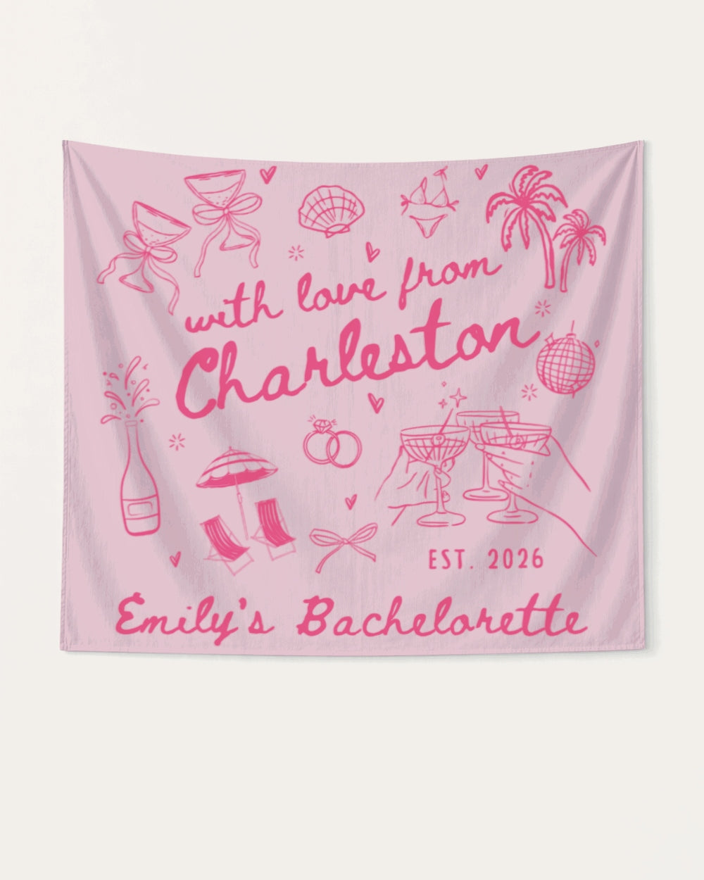 Rectangular bachelorette party banner with hand-drawn doodle script art for the bride's weekend celebration. Personalized with bride name, destination city, and year for the whole crew.