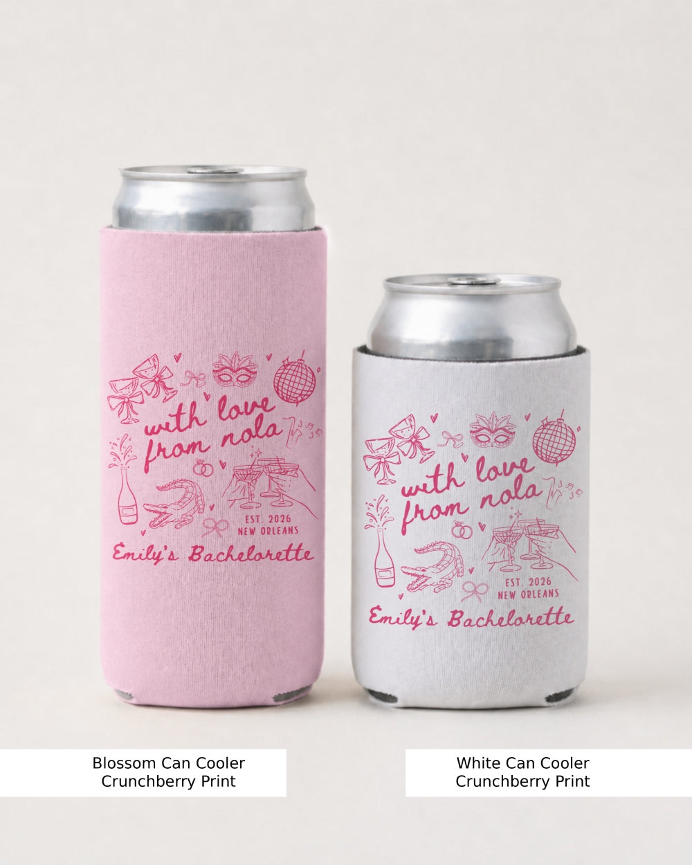 With Love from Nola Can Cooler Personalized Mardi Gras bachelorette drink holder with NOLA design for bride party favors