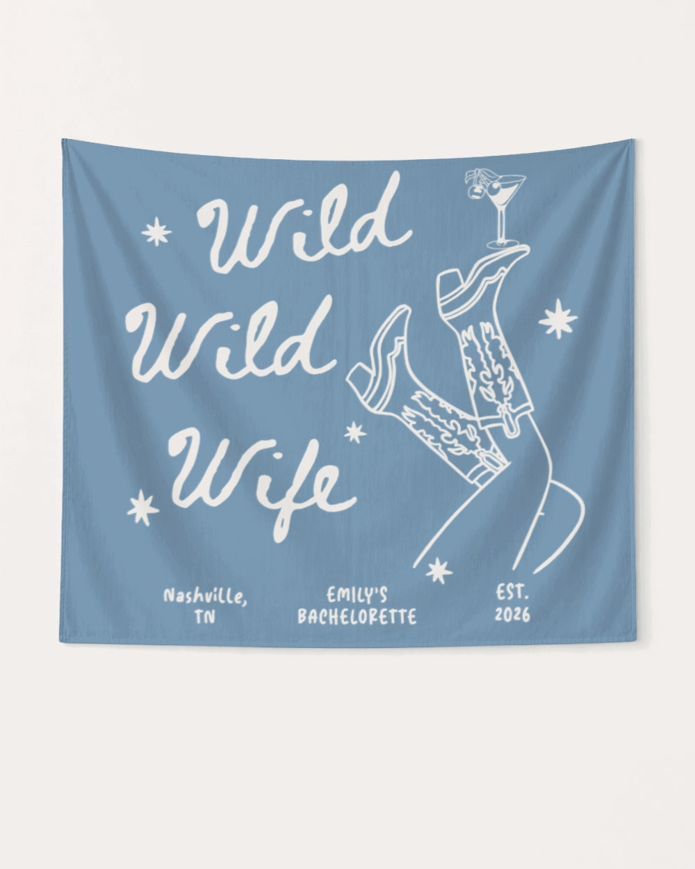 Playful line-art bachelorette party banner with script lettering and cowgirl martini illustration. Personalized with bride name, destination city, and weekend date for the whole bachelorette crew.