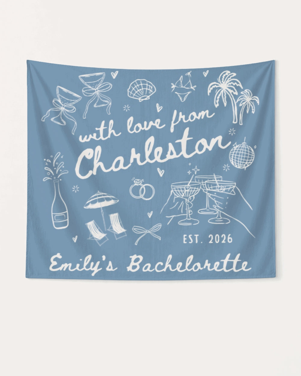 Bride and bridesmaids bachelorette weekend banner with hand-drawn doodle art and script lettering. Personalized with bride name, city, and year for the full crew celebration.