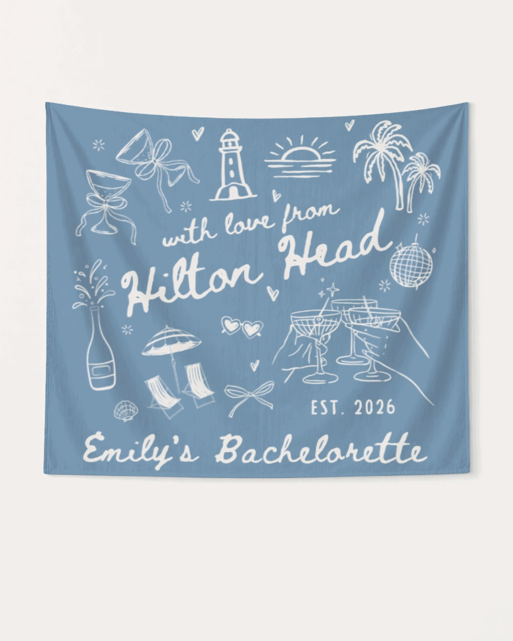 Bride and bachelorette crew banner with whimsical line-art doodles and hand-drawn script for a Hilton Head weekend. Personalized with bride name, destination, and year.