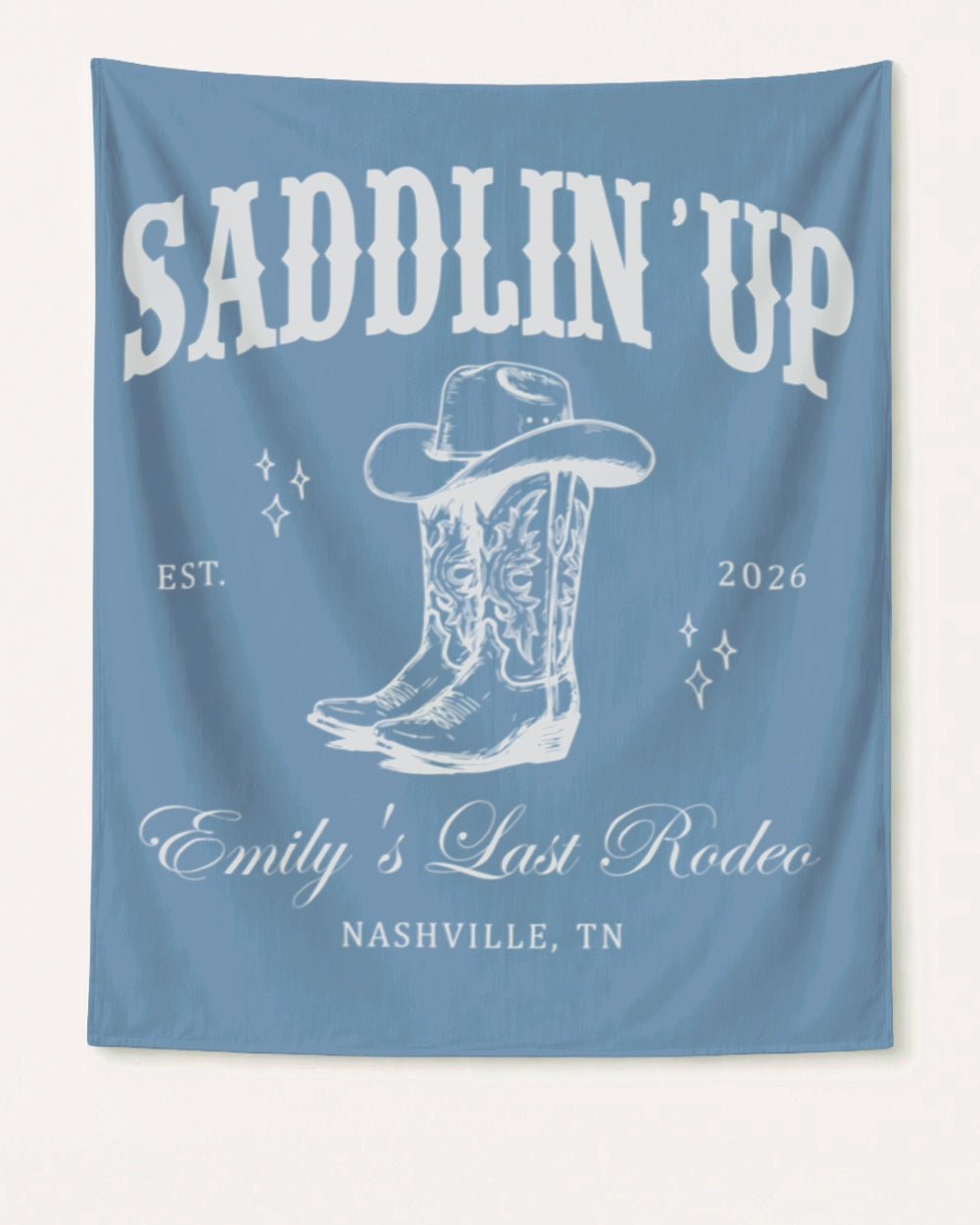 Bride and her rodeo crew bachelorette banner with vintage western illustration, perfect for a Nashville last rodeo party. Personalized with bride name, year, and destination city.