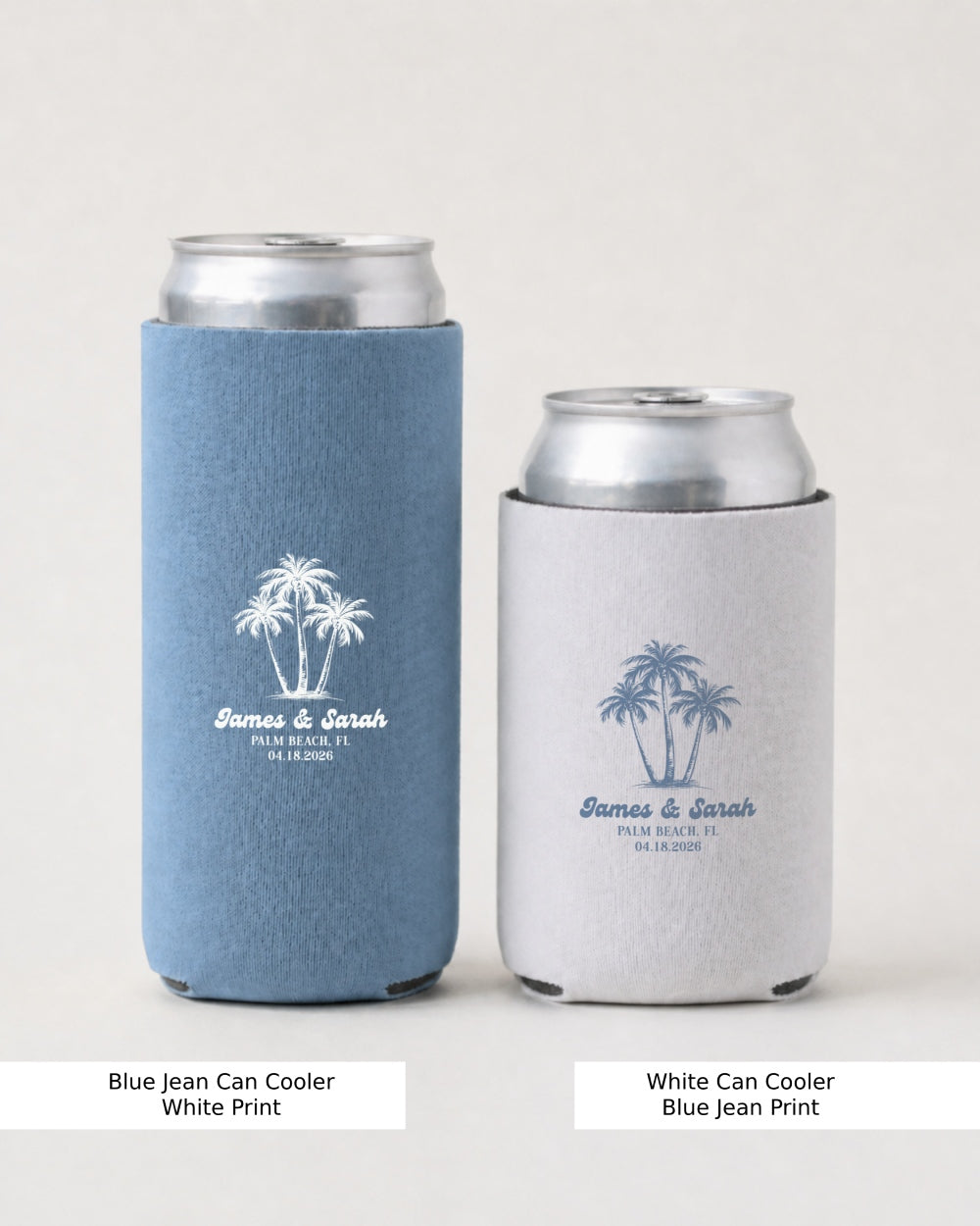 Minimalist palm tree line-art can cooler with elegant script for beach weddings and tropical bachelorette parties. Personalized with couple names, initials, and wedding date.