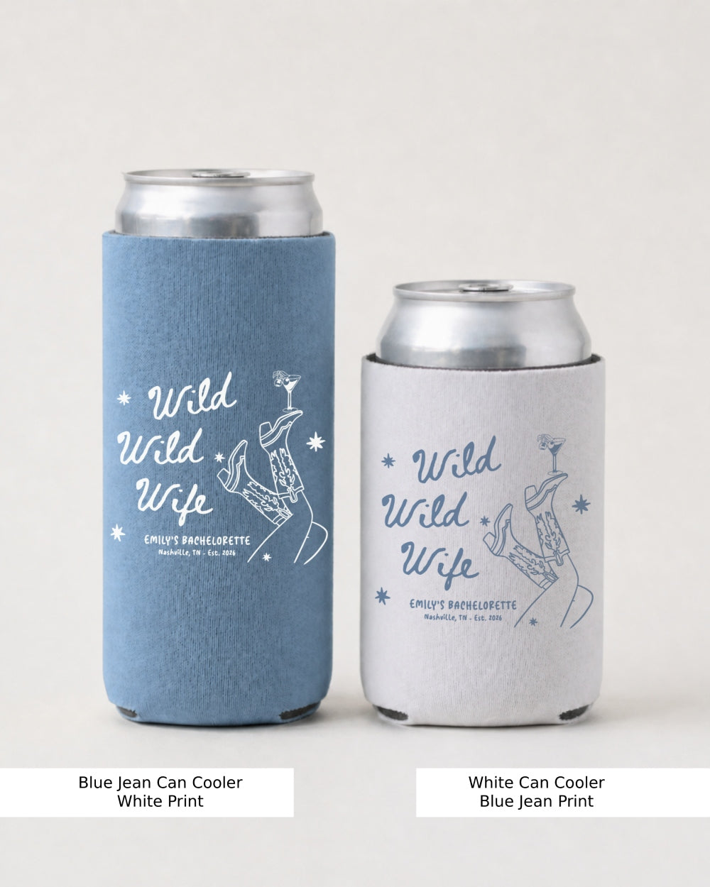 Script lettering and line-art bachelorette can cooler with Wild Wild Wife theme, boots and martini illustration. Perfect for bachelorette party drinks, gifting the bride crew.
