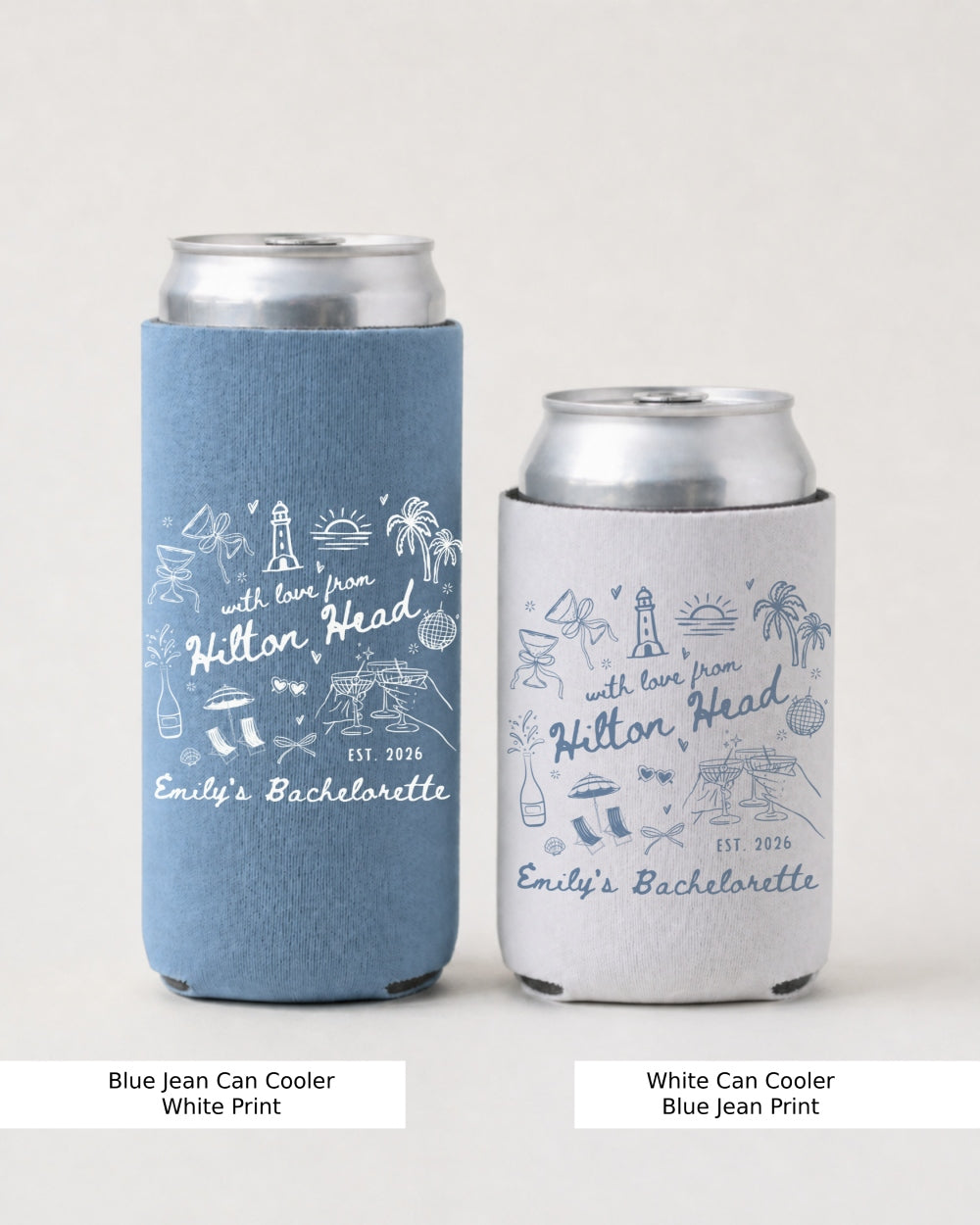 Whimsical line-art doodle bachelorette can cooler with script typography and Hilton Head beach theme. Personalized with bride name and destination for the whole bachelorette crew.