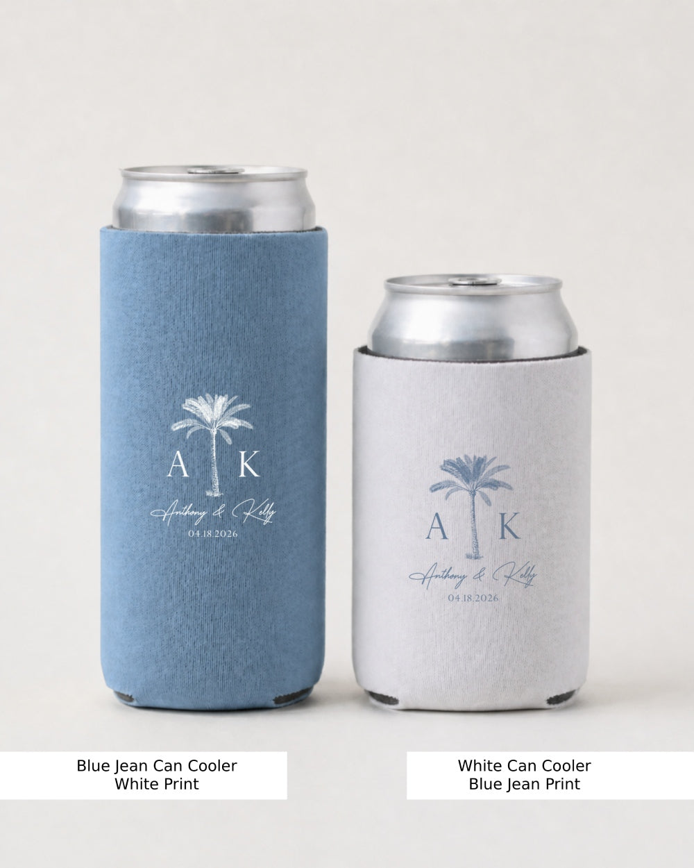 Minimalist line-art floral can cooler for beach wedding favors, palm tree and botanical design. Personalized with couple names and wedding date for a coastal ceremony.