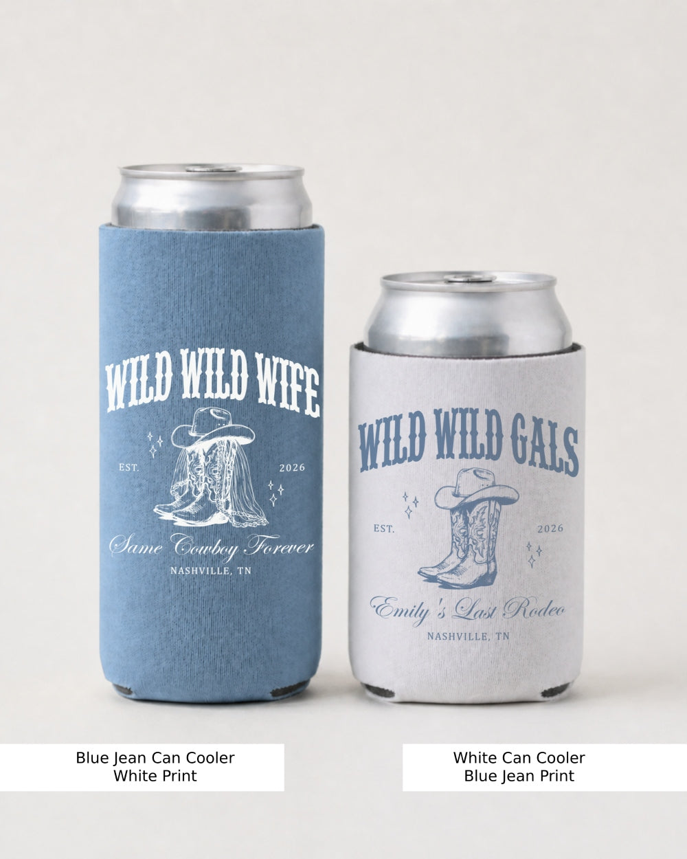 Vintage western badge-style bachelorette can cooler with retro cowgirl illustration and boot graphics. Personalized with bride and crew names, year, and hometown for the wild wild wife crew.