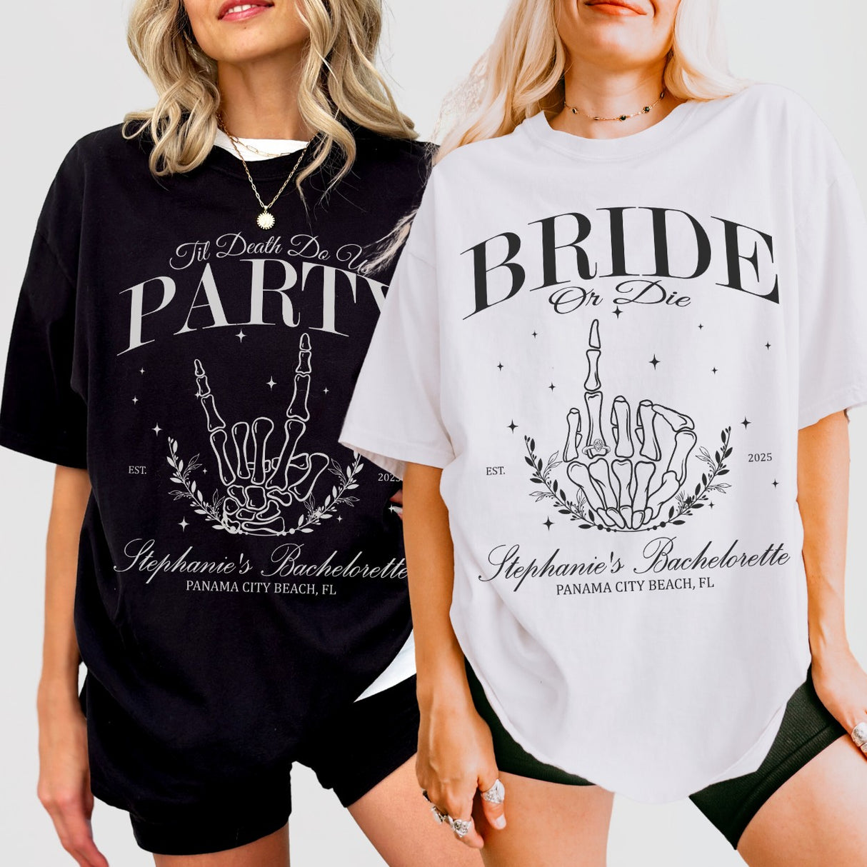 Matching skeleton bride and bachelorette party shirts for a funny, gothic-themed bridal celebration or Halloween bachelorette bash