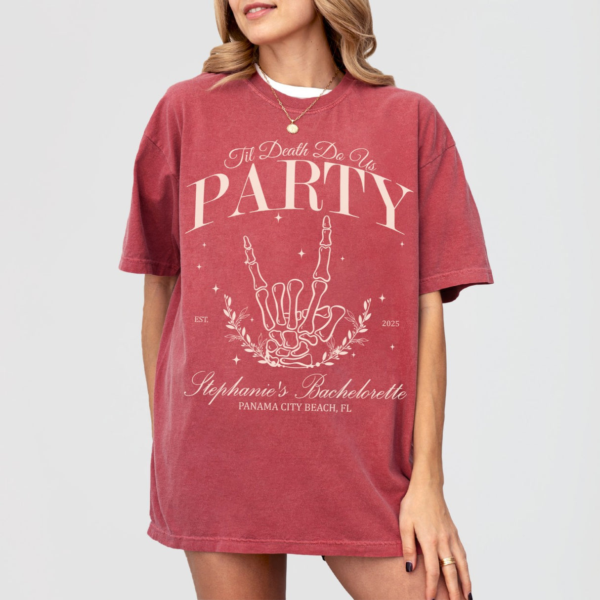 Crimson bridal or gothic bachelorette shirt with skeleton bride design - perfect for a funny or Halloween-themed bachelorette party celebration