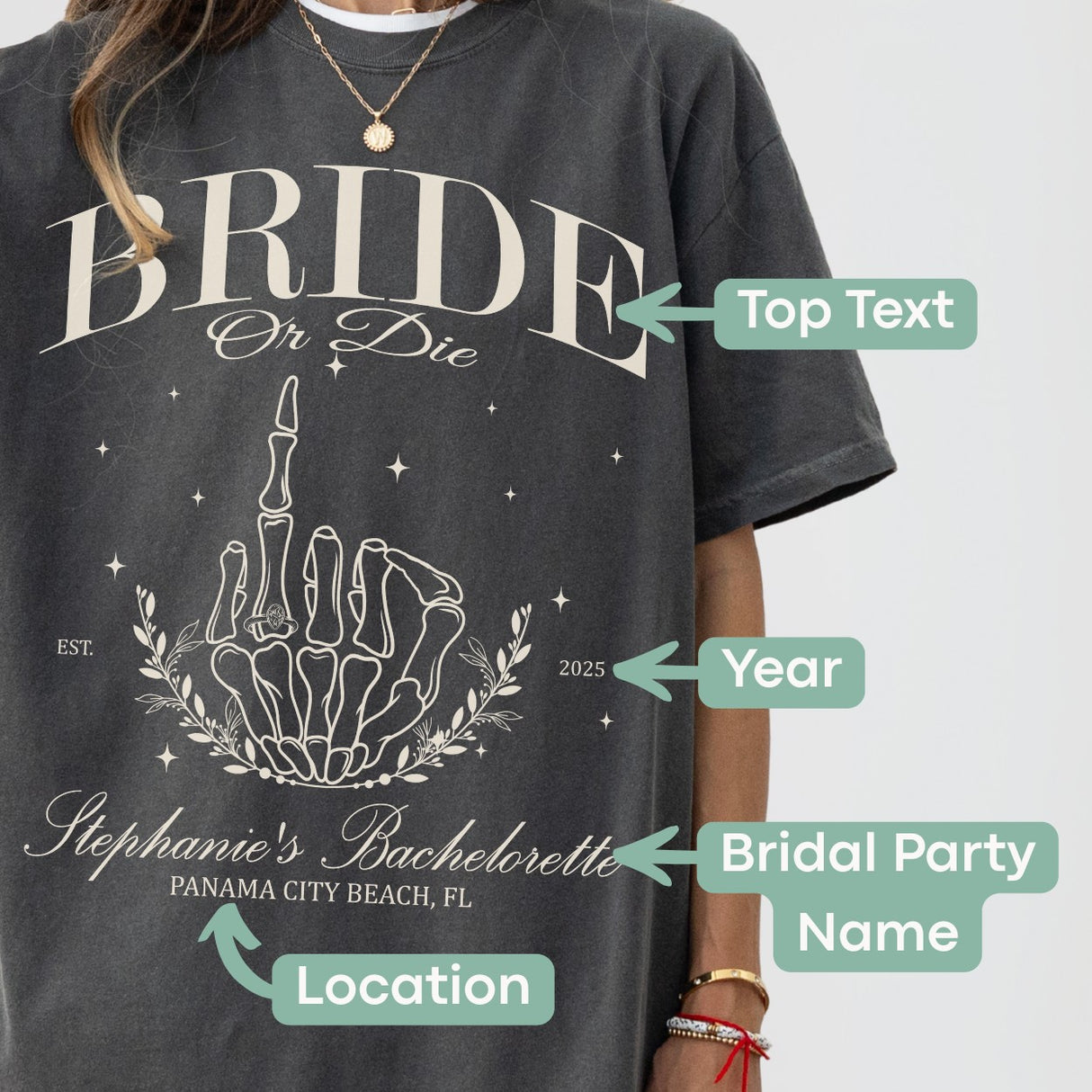 How-to guide showing the customization process for funny skeleton bride shirts perfect for a gothic or Halloween bachelorette party