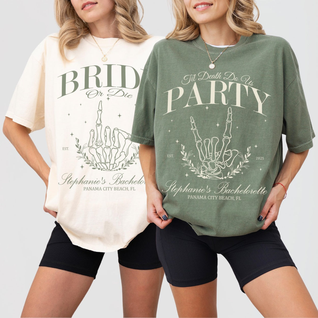 Matching skeleton bride and gothic bachelorette shirts for a funny, Halloween-themed bridal party or bachelorette celebration