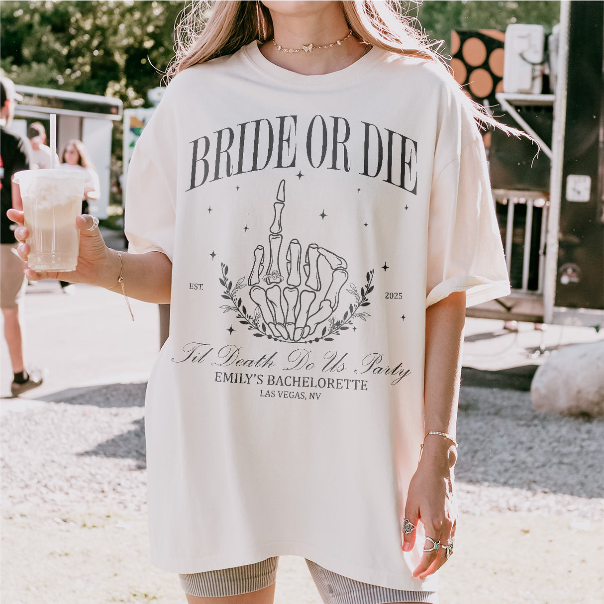 Bride Or Die gothic bachelorette shirt with skeleton bride design, perfect for an edgy, spooky bachelorette party or Halloween celebration