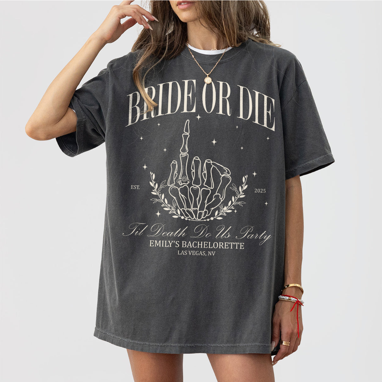 Pepper cotton bride shirt with 'Bride Or Die' skeleton design, perfect for a gothic or Halloween-themed bachelorette party celebration