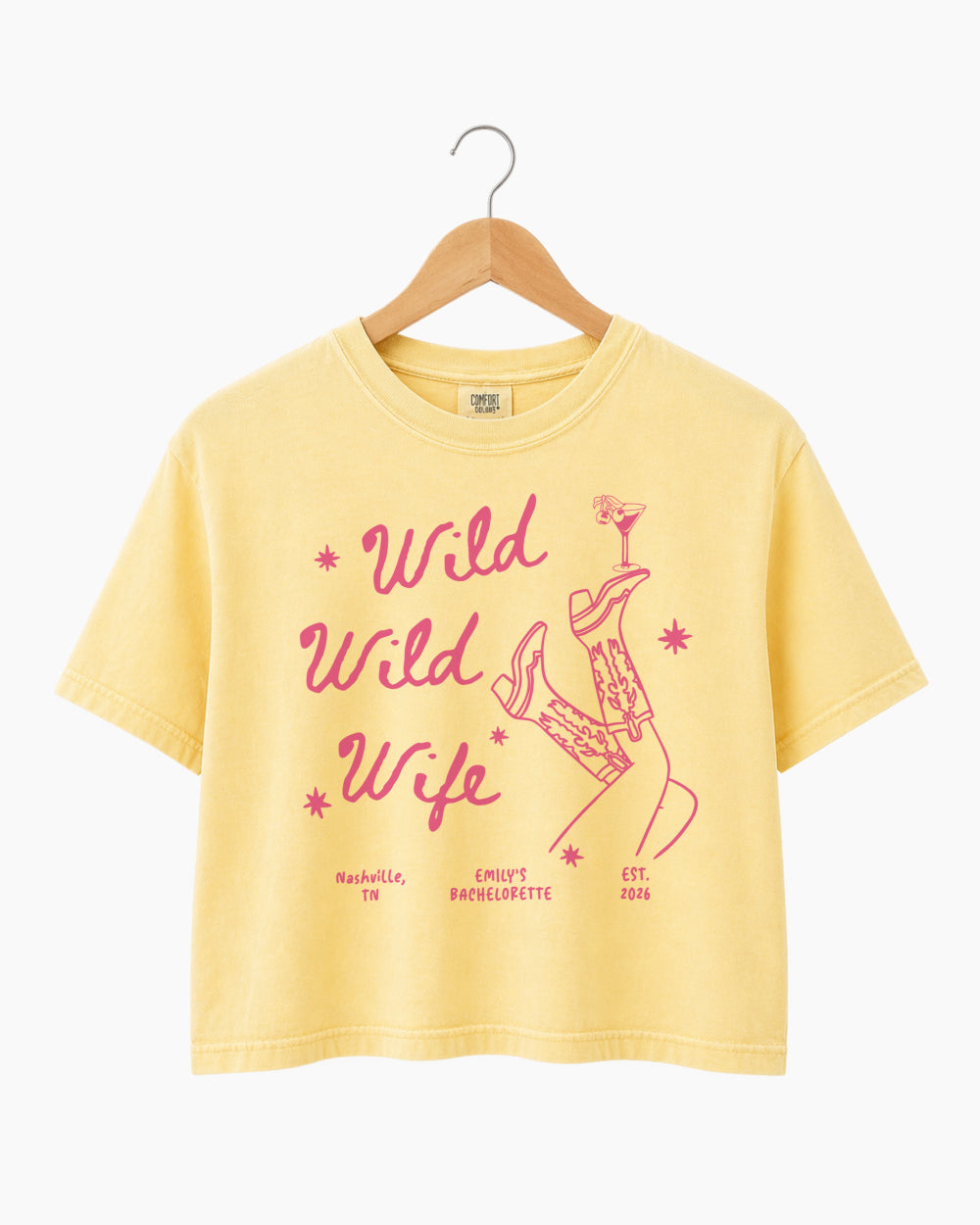 Personalized bachelorette boxy tee with Wild Wild Wife design for destination party weekends