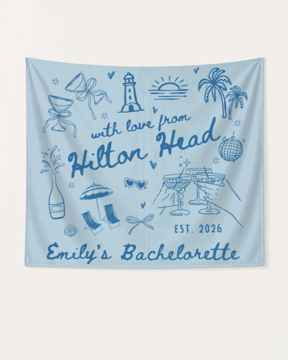 Whimsical line-art doodle bachelorette party banner with hand-drawn script and coastal illustrations. Personalized with bride name, destination, and year for the whole crew.