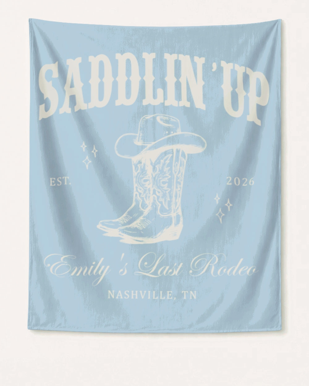 Vintage western illustration bachelorette banner with rope borders, boot and spur accents, and script lettering. Bride name, est. year, and city customizable for any last rodeo party.