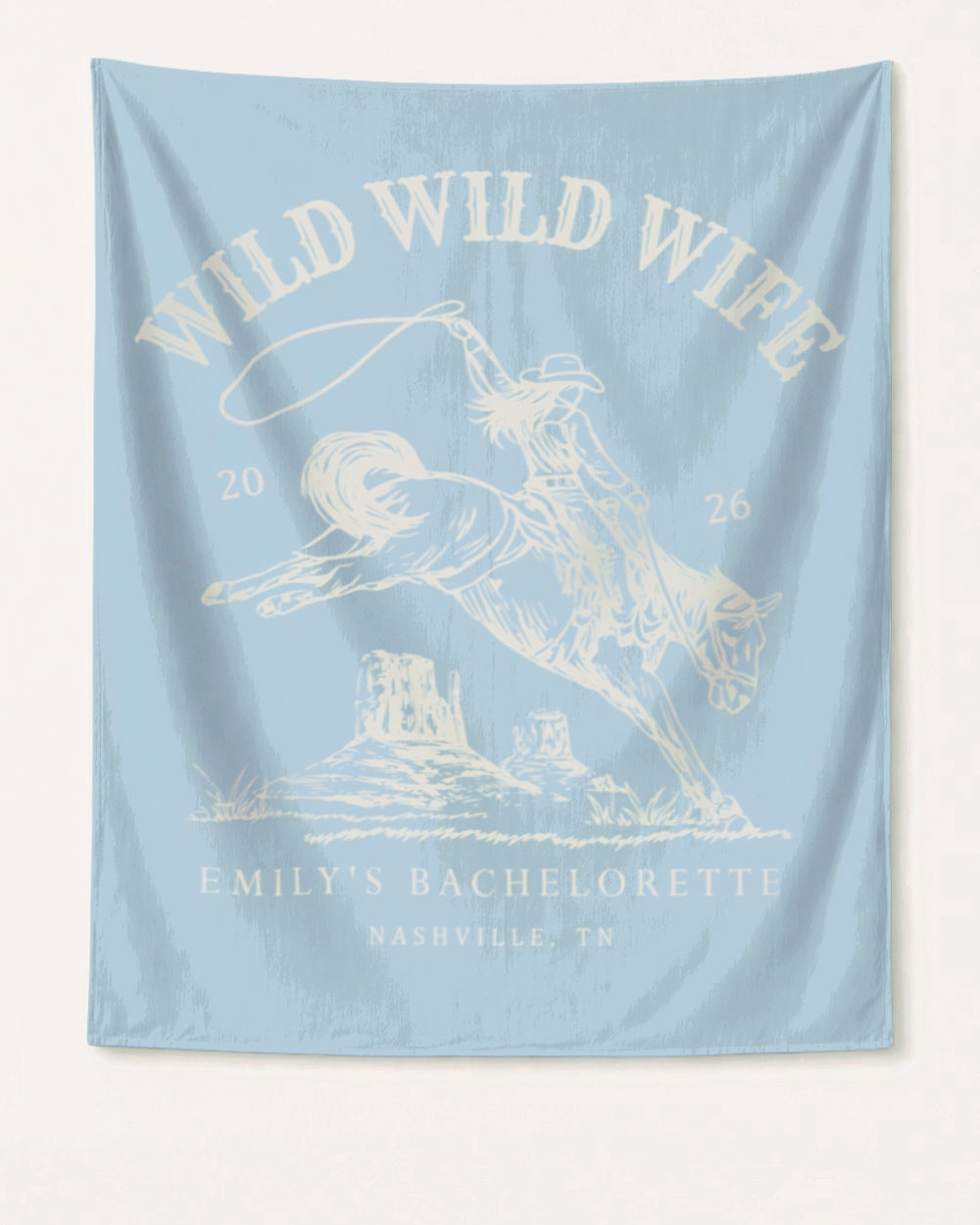 Vintage western bachelorette banner with Wild Wild Wife rodeo illustration and hand-lettered script. Personalized with bride name, date, and destination city for the full party display.