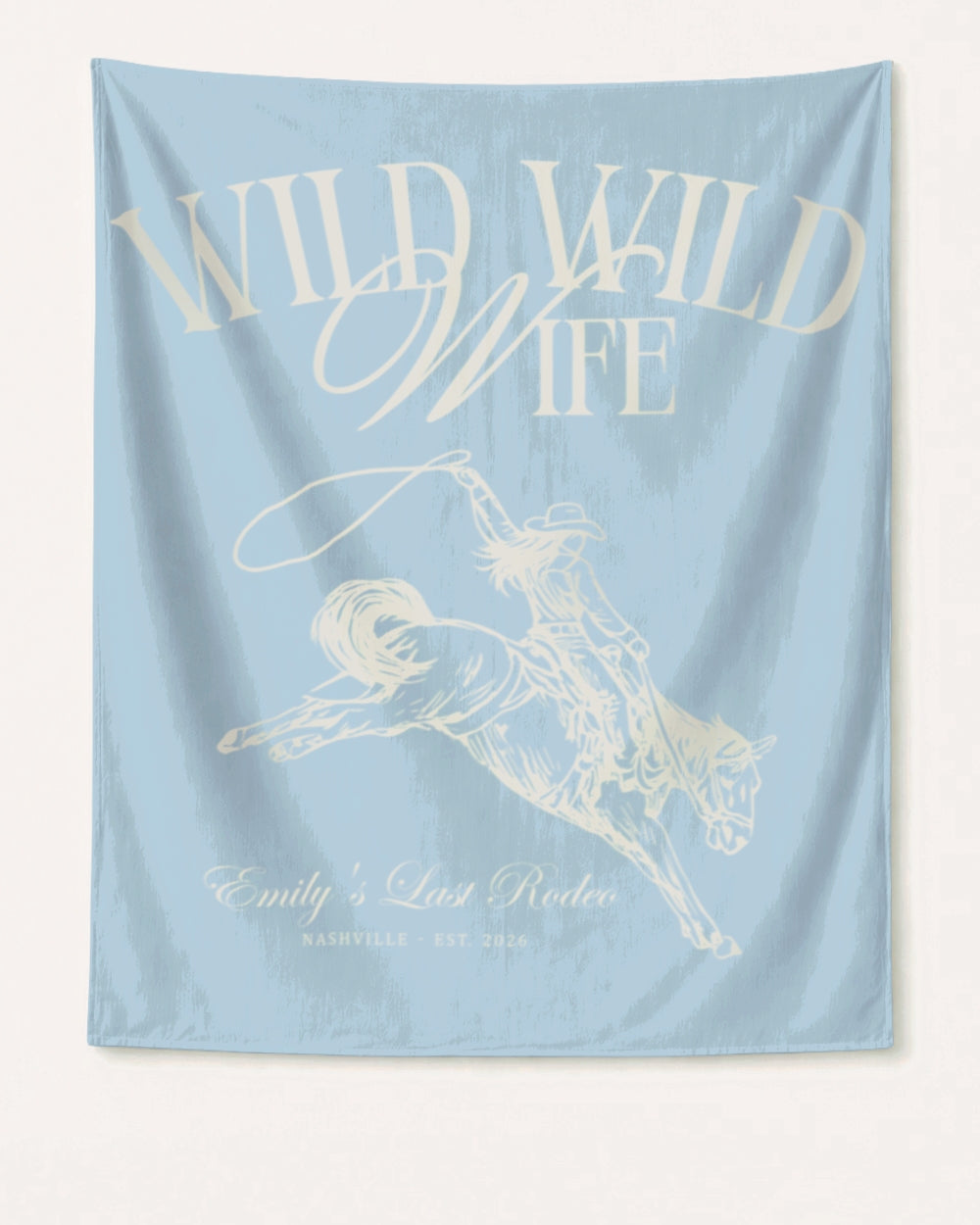 Vintage illustration bachelorette banner with script lettering and cowgirl rodeo art. Personalized with bride name, event city, and year for the last rodeo party weekend.