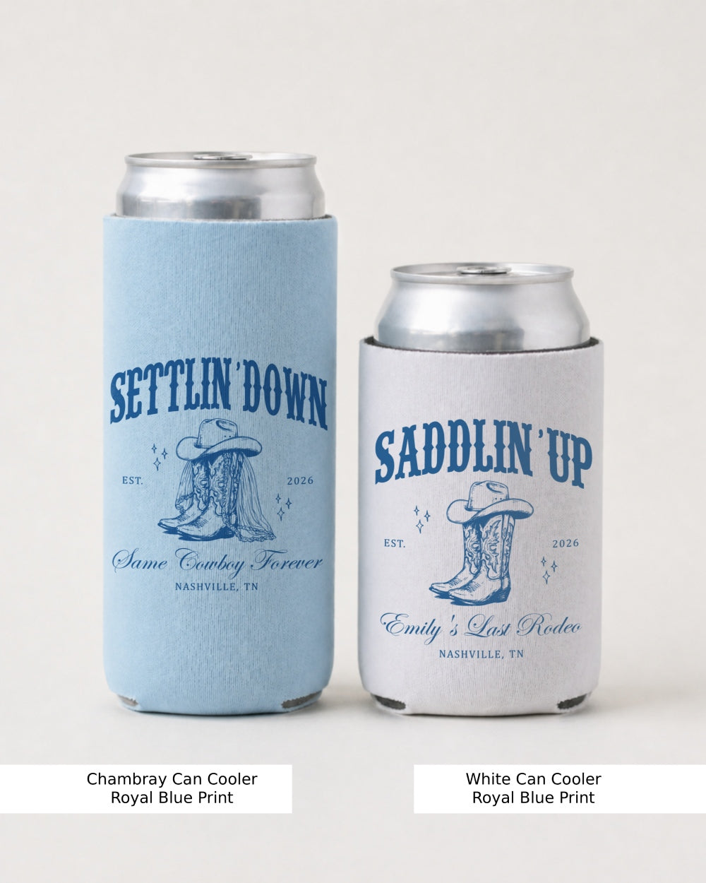 Slim can cooler with vintage western illustration for a wedding or bachelorette, Settlin' Down Saddlin' Up design. Bride and groom western theme, gift for the couple or bridal party.
