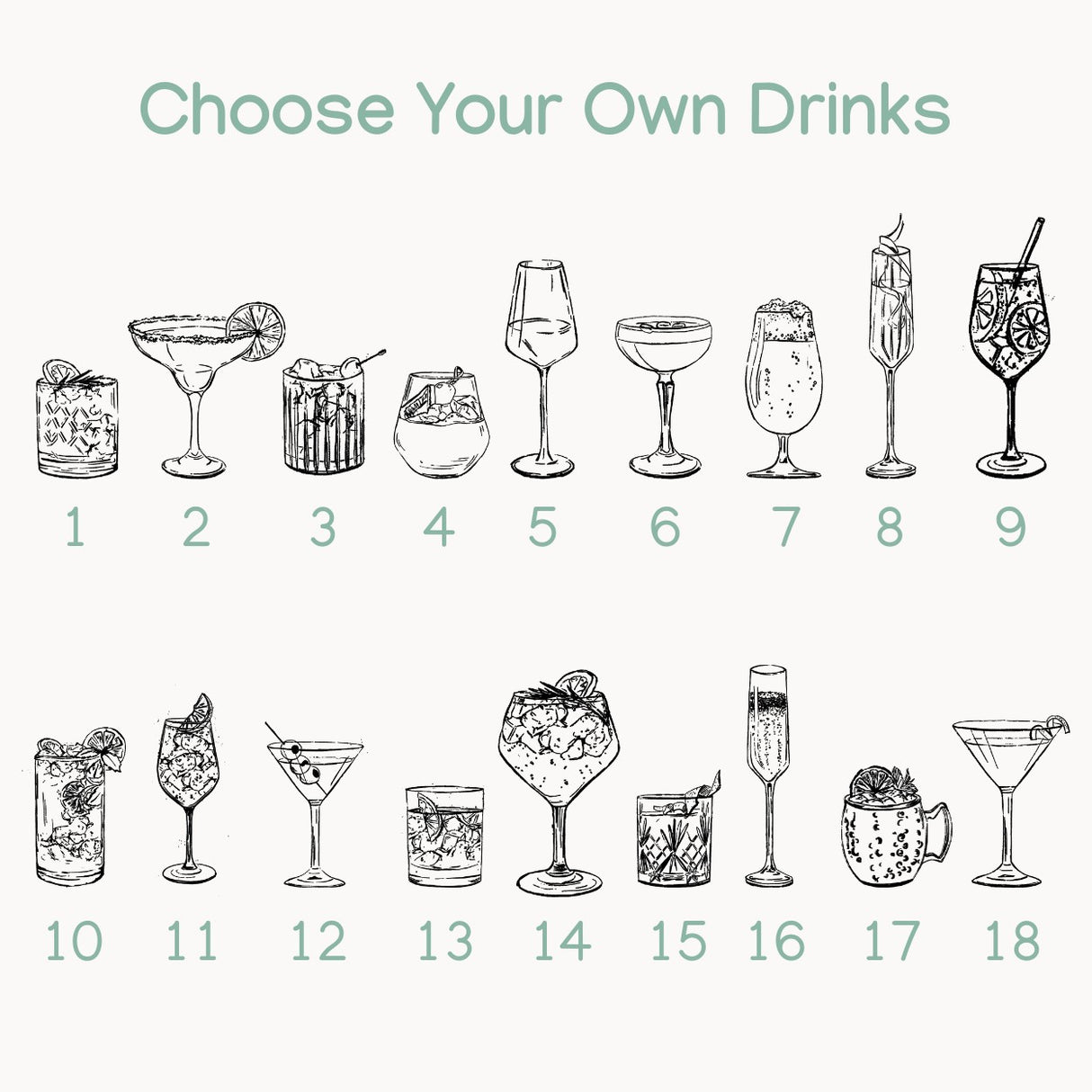 Illustrations of various cocktails with numbers next to each, against a white background. The drinks are used to customize disco themed bachelorette group shirts