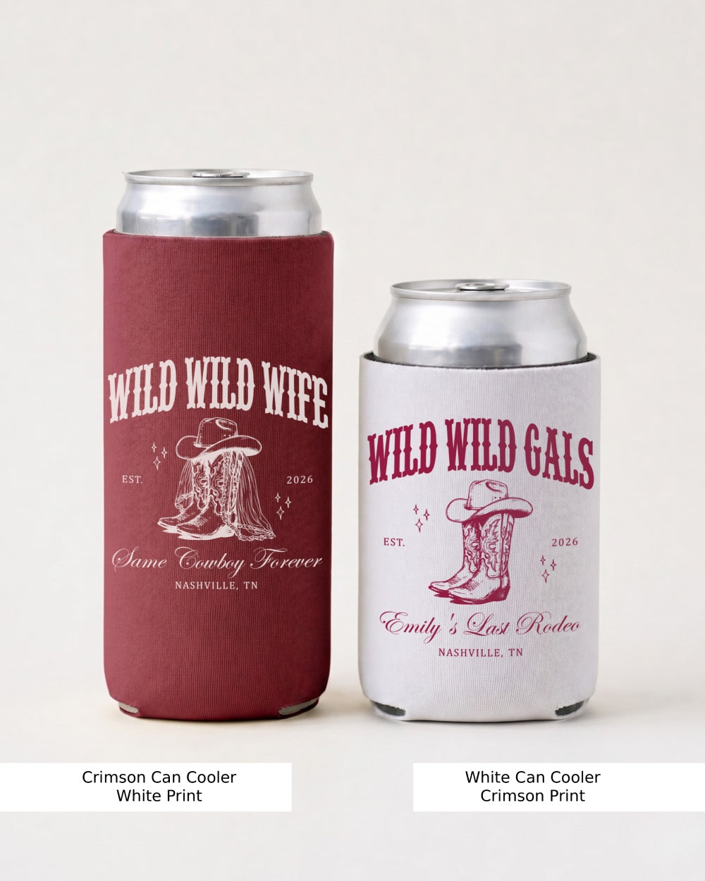 Matching can coolers for the bachelorette crew with a vintage western cowgirl theme. Personalized with bride and squad names, location, and year for the Wild Wild Wife party.