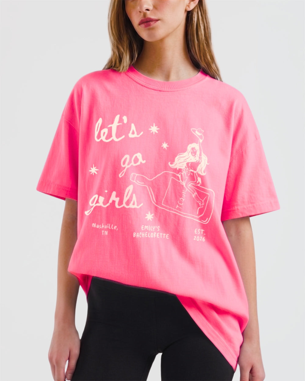 Gift idea for the girls night out crew: Let's Go Girls cowgirl bottle tee with minimalist vintage line art. Perfect for the friend who leads every group chat and every dance floor.