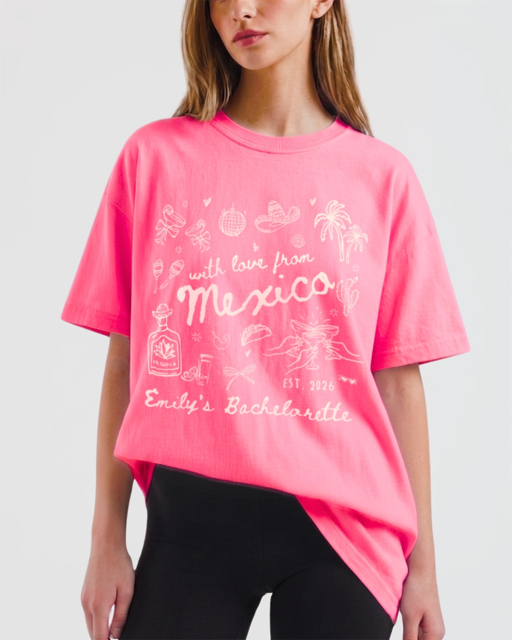 Gift idea for the bachelorette crew: Mexico destination wedding tee with vintage botanical illustration and script lettering. Personalized with bride name, year, and destination.