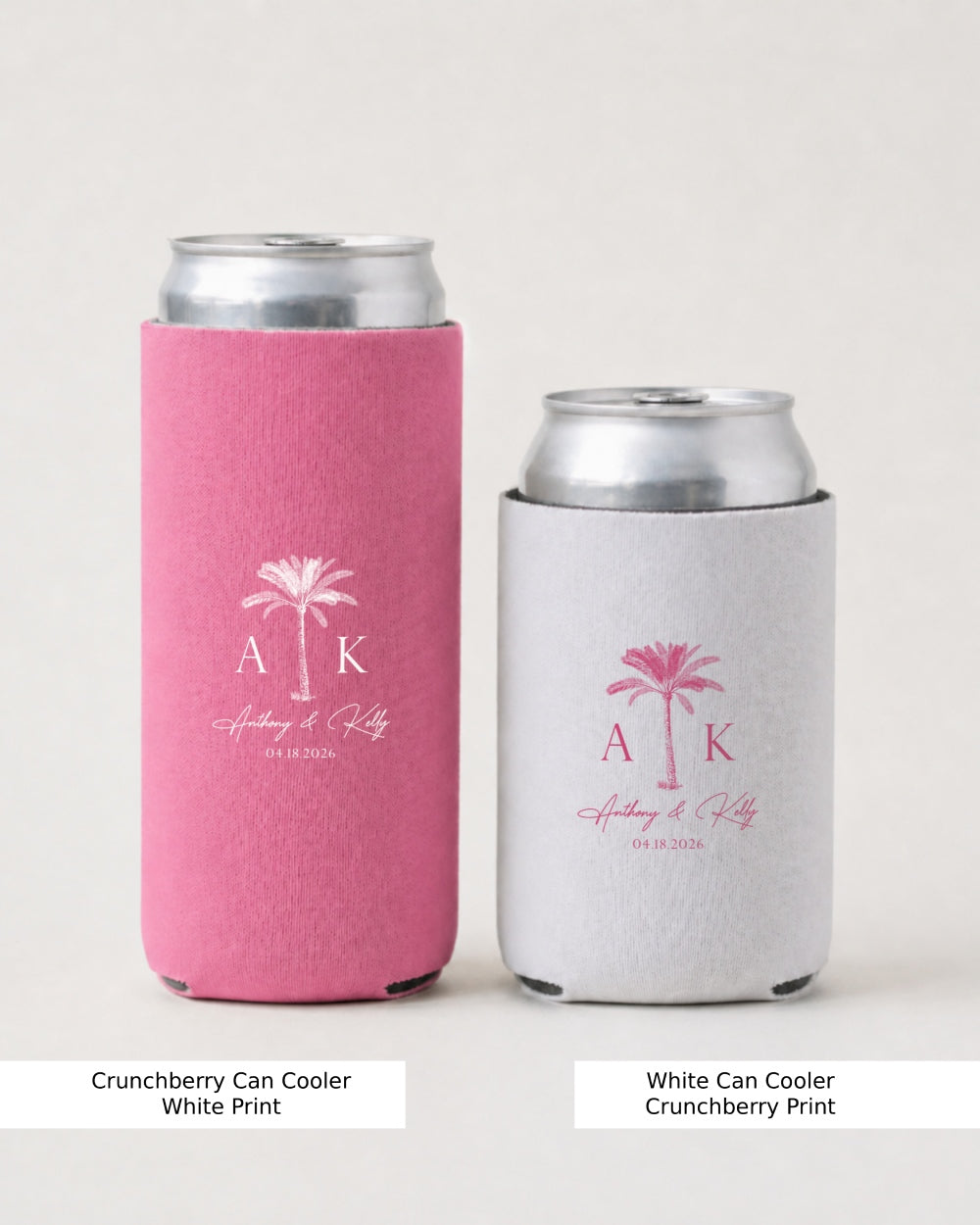 Wedding reception can coolers with palm tree and floral line art, personalized with couple names and wedding date. Perfect favor for a beach or tropical outdoor ceremony.