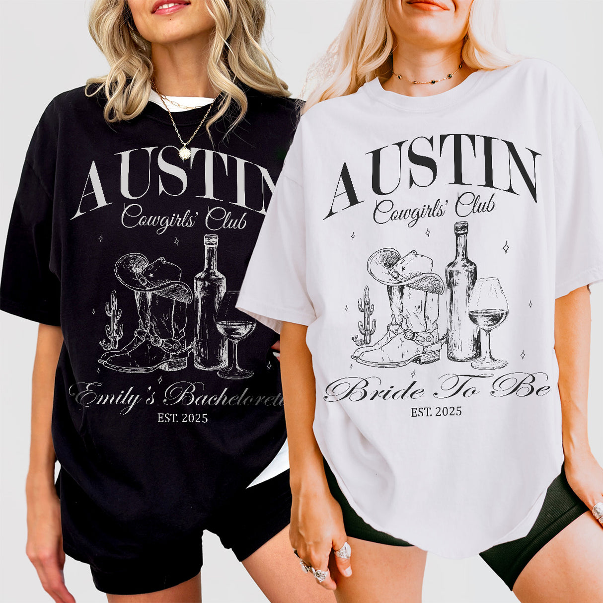 Matching cowgirl shirts for a bachelorette party in Austin, Texas - perfect bridal party merch for winery tours or western-themed bach events