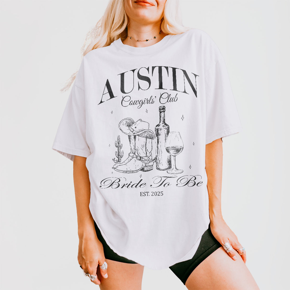 White cotton shirts for Austin bachelorette parties with western cowgirl design, perfect for winery tours or bridal party in Texas