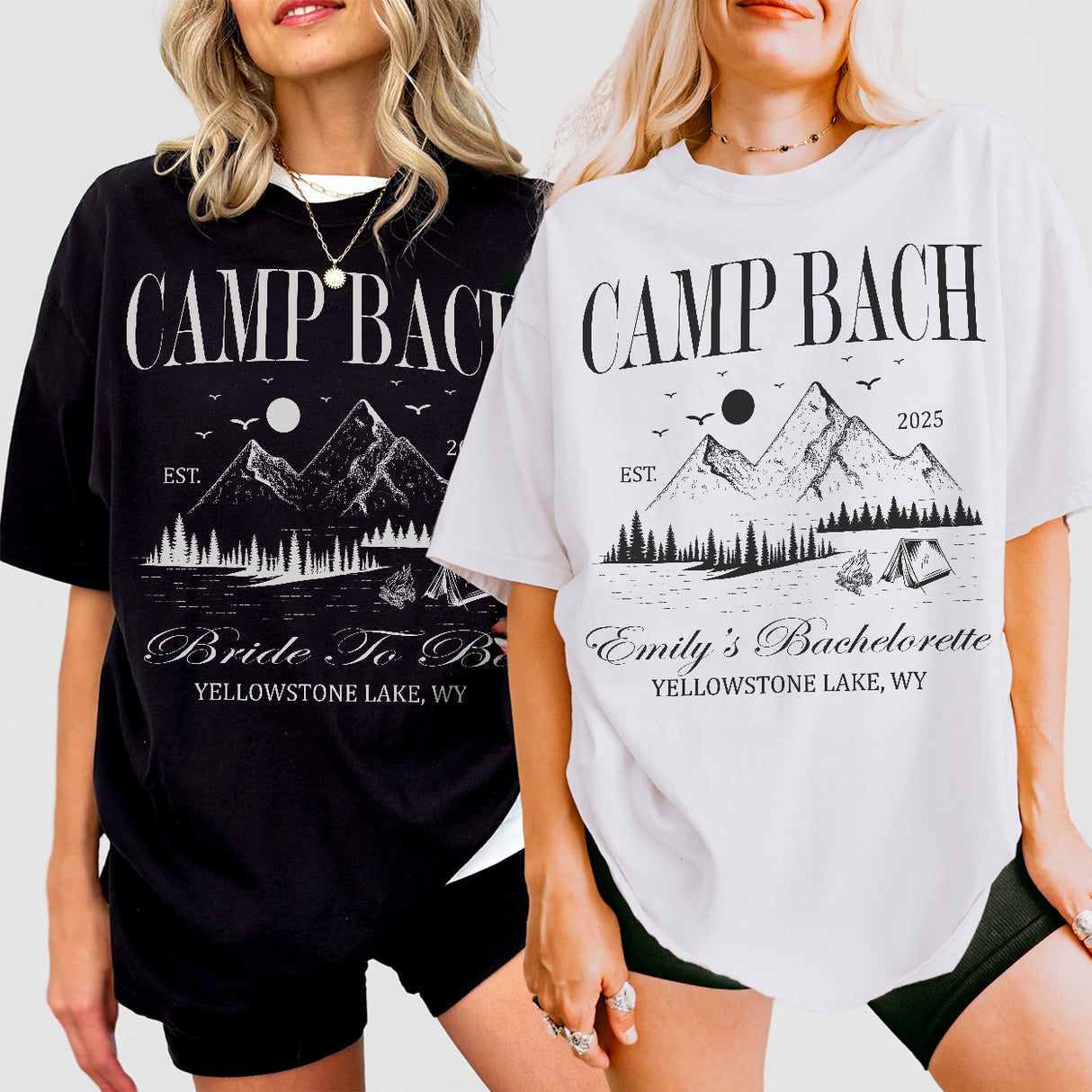 Matching cotton shirts for the bachelorette camping crew featuring a mountain lake design for the bride and bridesmaids