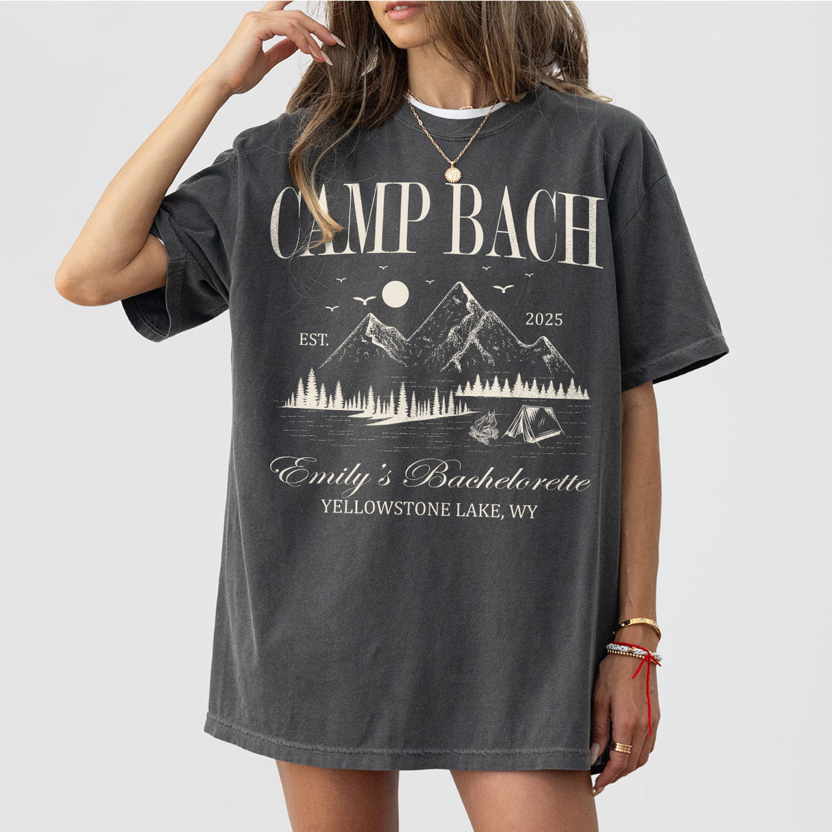 Pepper shirts with custom bachelorette party camping design for the bride's bach crew to wear on a camping trip or mountain lake bachelorette weekend