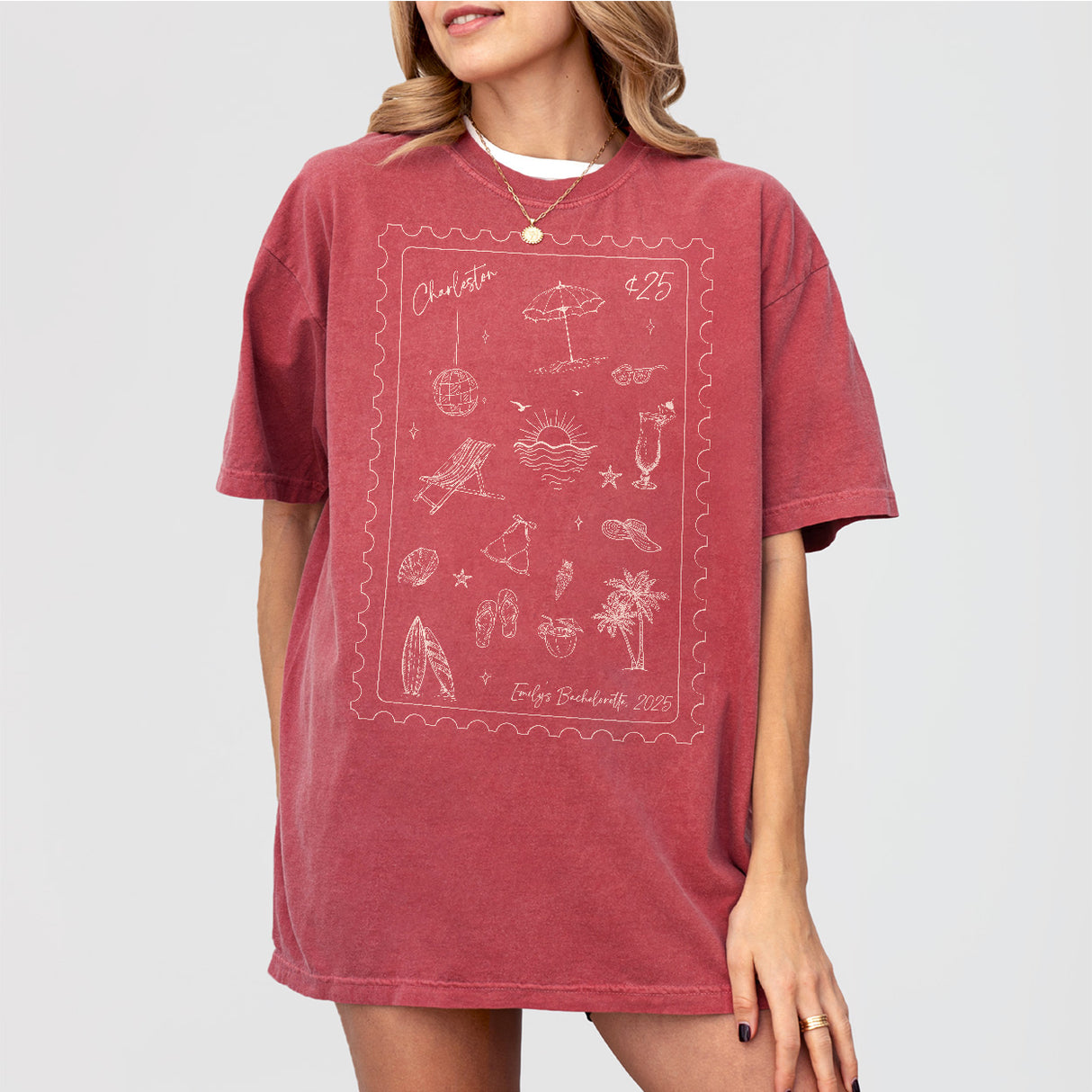 Crimson cotton long sleeve bachelorette party shirt perfect for beach trips or coastal bridal celebrations in Charleston or Savannah