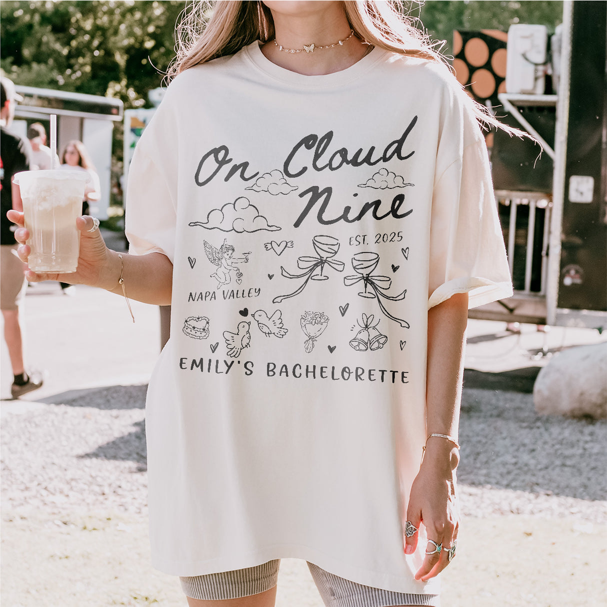 Custom Bride On Cloud Nine Bachelorette Party Shirt Comfort Colors Personalized Cloud 9 Bach Club Cocktail Wine Bridal Squad Matching Outfit - lifestyle Image