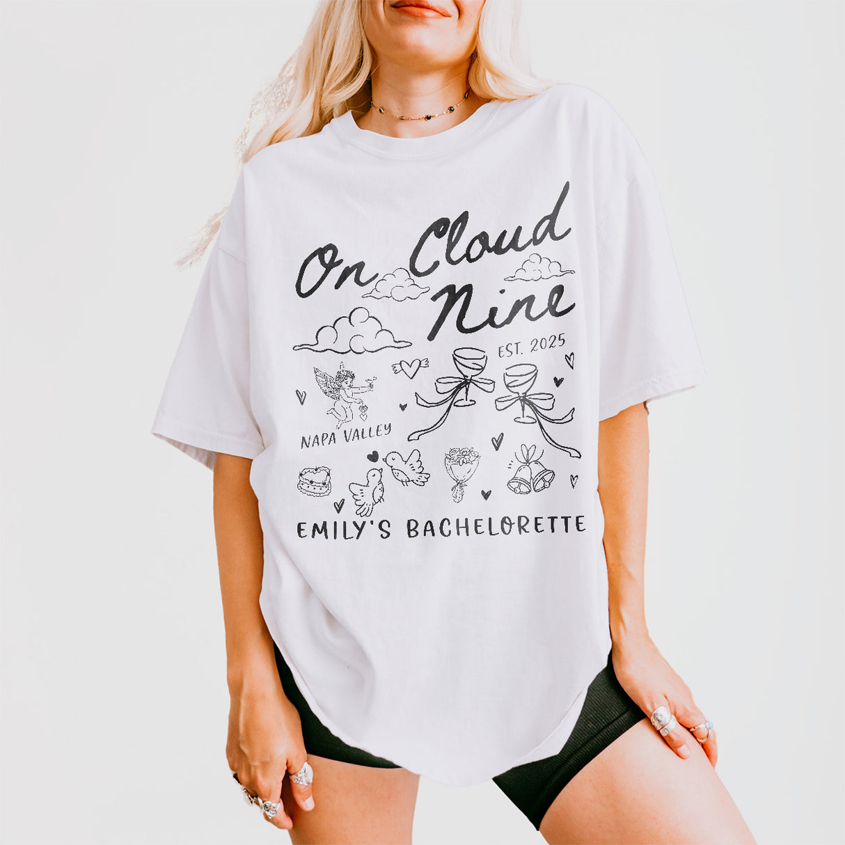 Custom Bride On Cloud Nine Bachelorette Party Shirt Comfort Colors Personalized Cloud 9 Bach Club Cocktail Wine Bridal Squad Matching Outfit - White Product Image