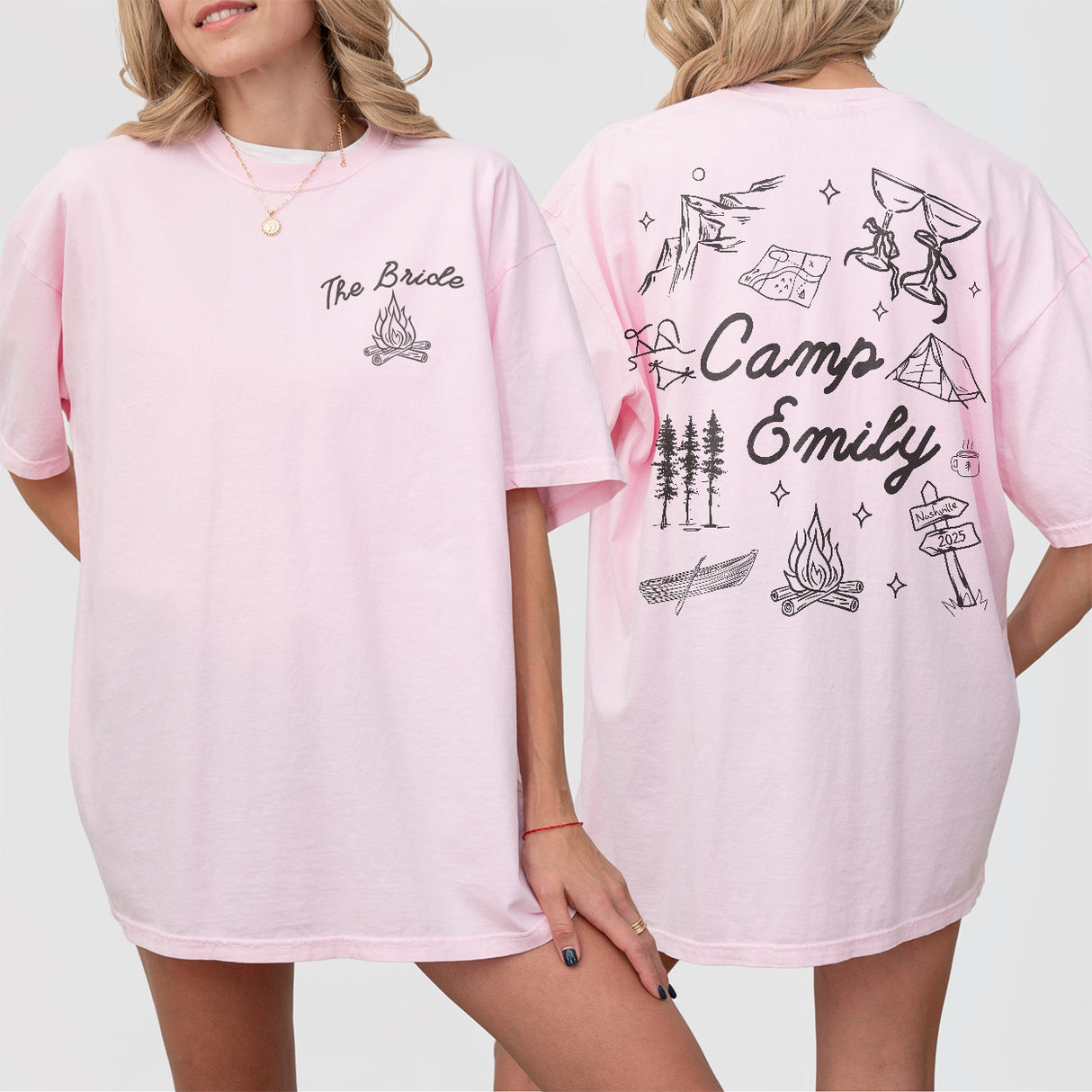 Custom Camp Bach Shirt Personalized Camping Bachelorette Party Matching Tshirt Girls Weekend Trip Hiking Lake Mountain Bride Bridesmaid Gift - Blossom Product Image