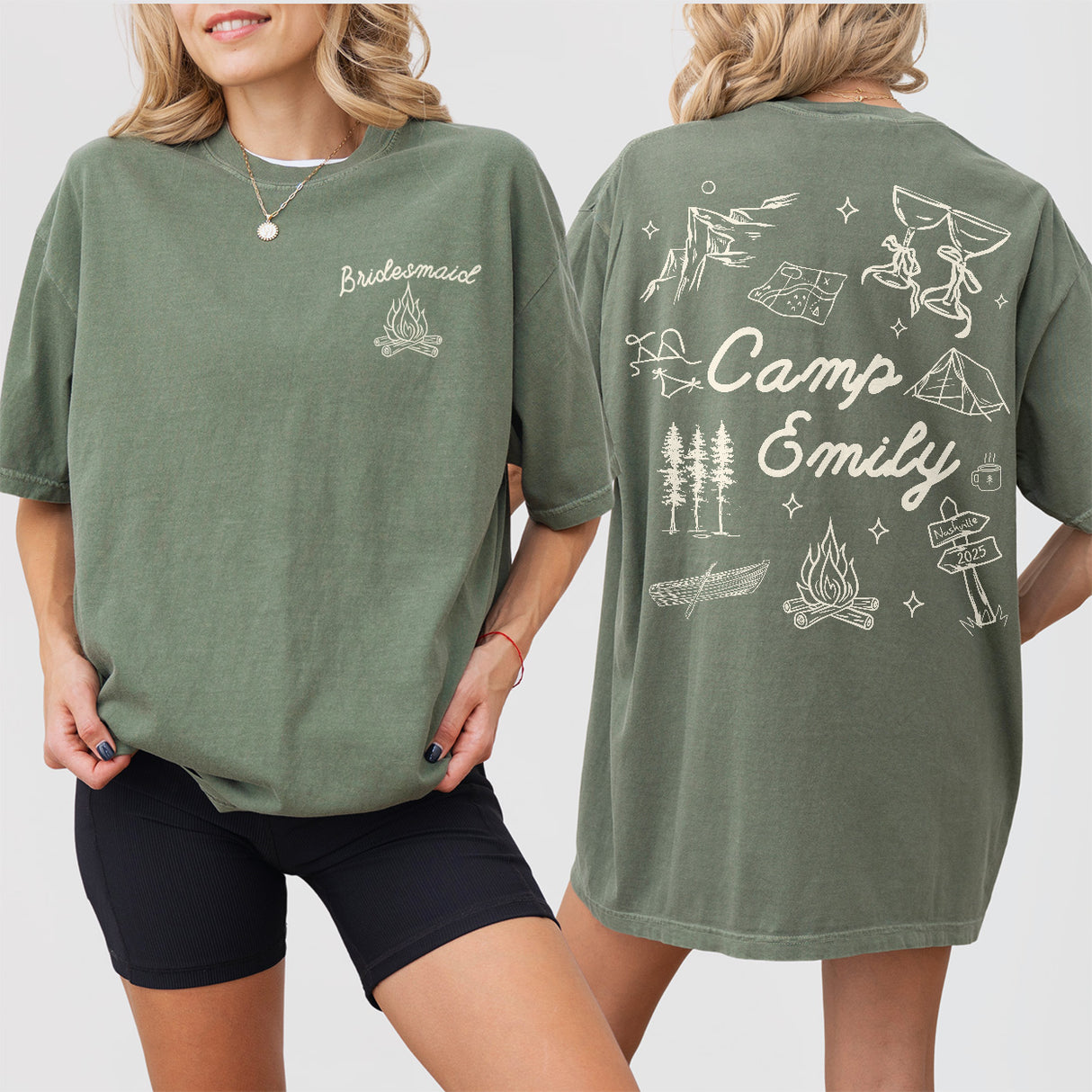 Custom Camp Bach Shirt Personalized Camping Bachelorette Party Matching Tshirt Girls Weekend Trip Hiking Lake Mountain Bride Bridesmaid Gift - Moss Product Image