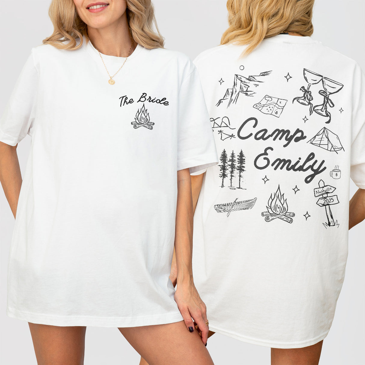 Custom Camp Bach Shirt Personalized Camping Bachelorette Party Matching Tshirt Girls Weekend Trip Hiking Lake Mountain Bride Bridesmaid Gift - White Product Image