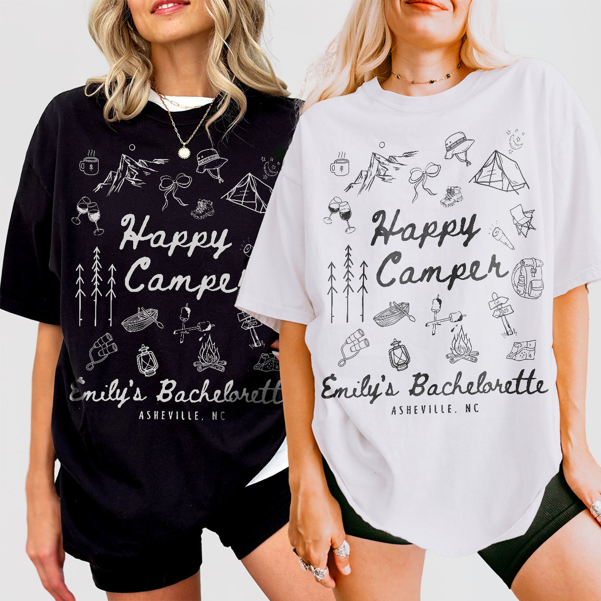 Custom Camp Bachelorette Party Shirts Comfort Colors® Happy Camper Shirt Camping Themed Bach Lake Mountain Bride Tee Hiking Bridal Party Top - matching Image