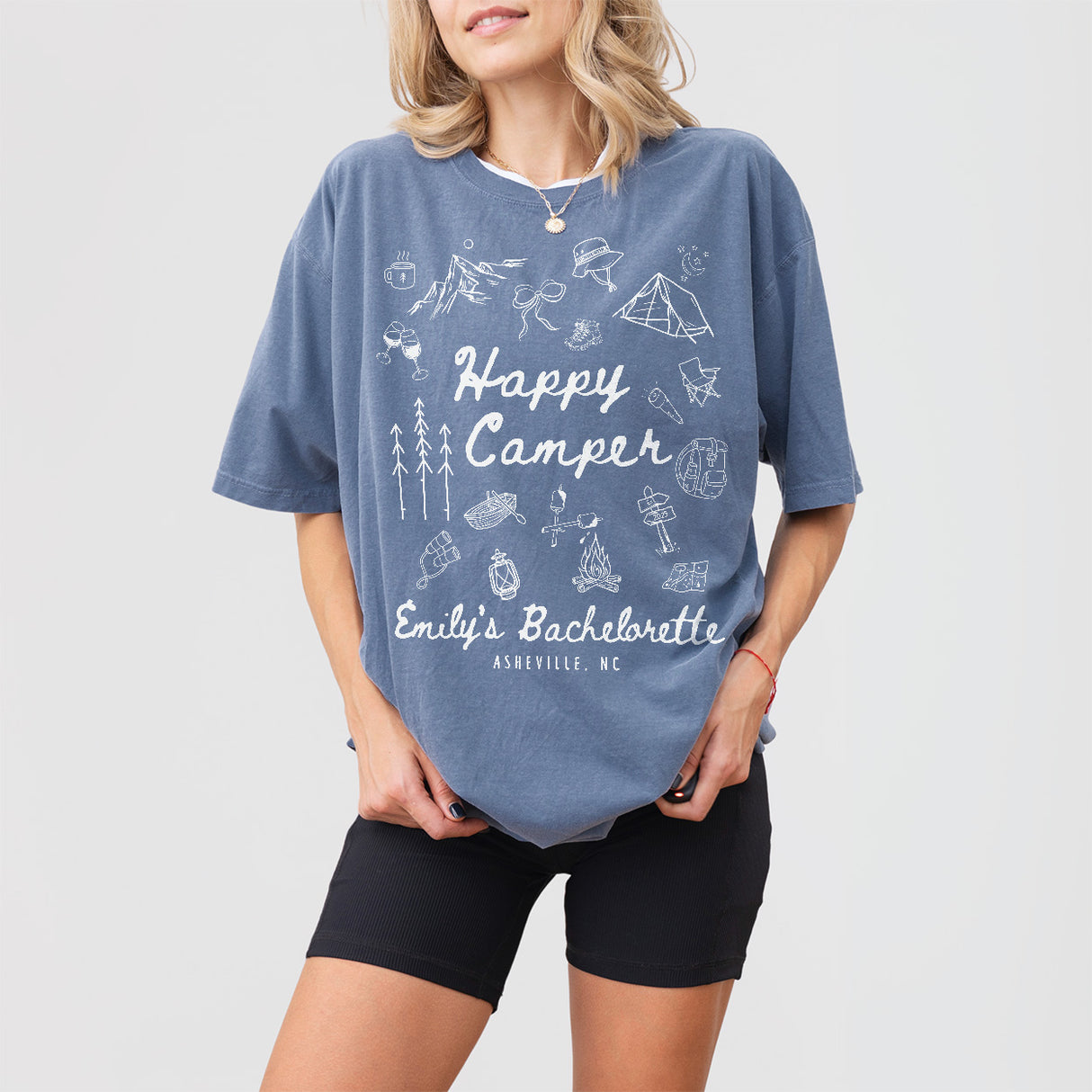 Custom Camp Bachelorette Party Shirts Comfort Colors® Happy Camper Shirt Camping Themed Bach Lake Mountain Bride Tee Hiking Bridal Party Top - Blue Jean Product Image
