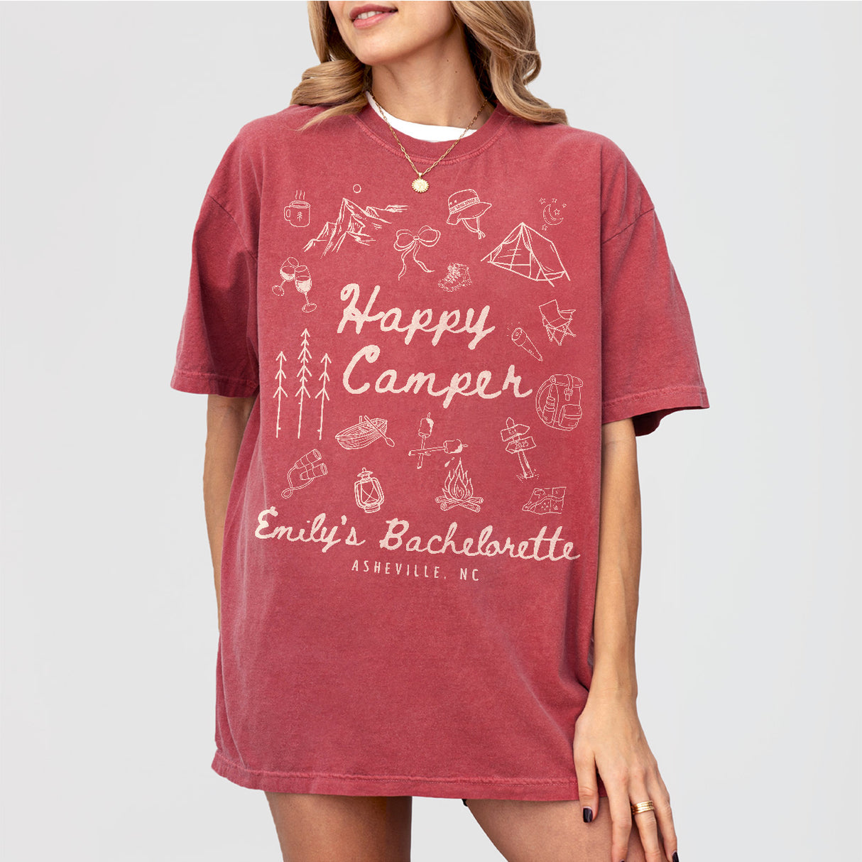 Custom Camp Bachelorette Party Shirts Comfort Colors® Happy Camper Shirt Camping Themed Bach Lake Mountain Bride Tee Hiking Bridal Party Top - Crimson Product Image